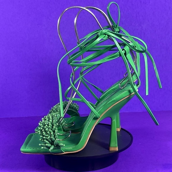 Topshop Green Riley Beaded Trim Heeled Sandal With Ankle Tiel Women's Size 6-NEW - Picture 3 of 8